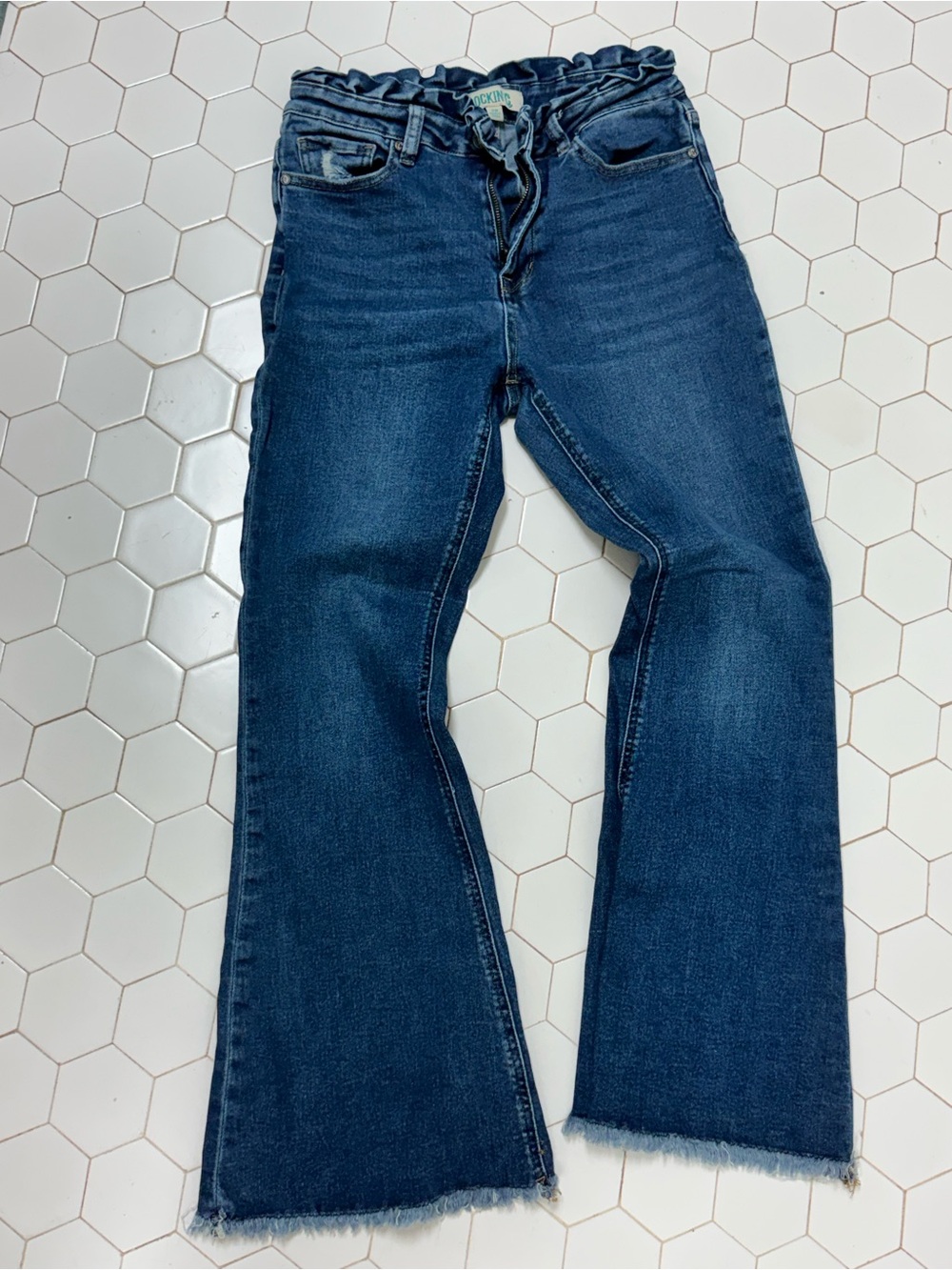 High-Rise Dark Blue Flare Jeans with Frayed Hem and scalloped top